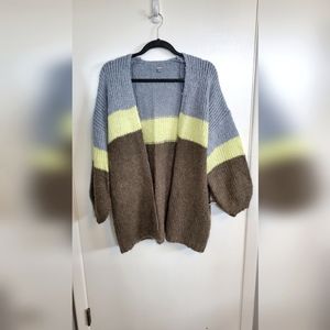 American Eagle medium, striped cardigan - olive green, yellow, lt. blue